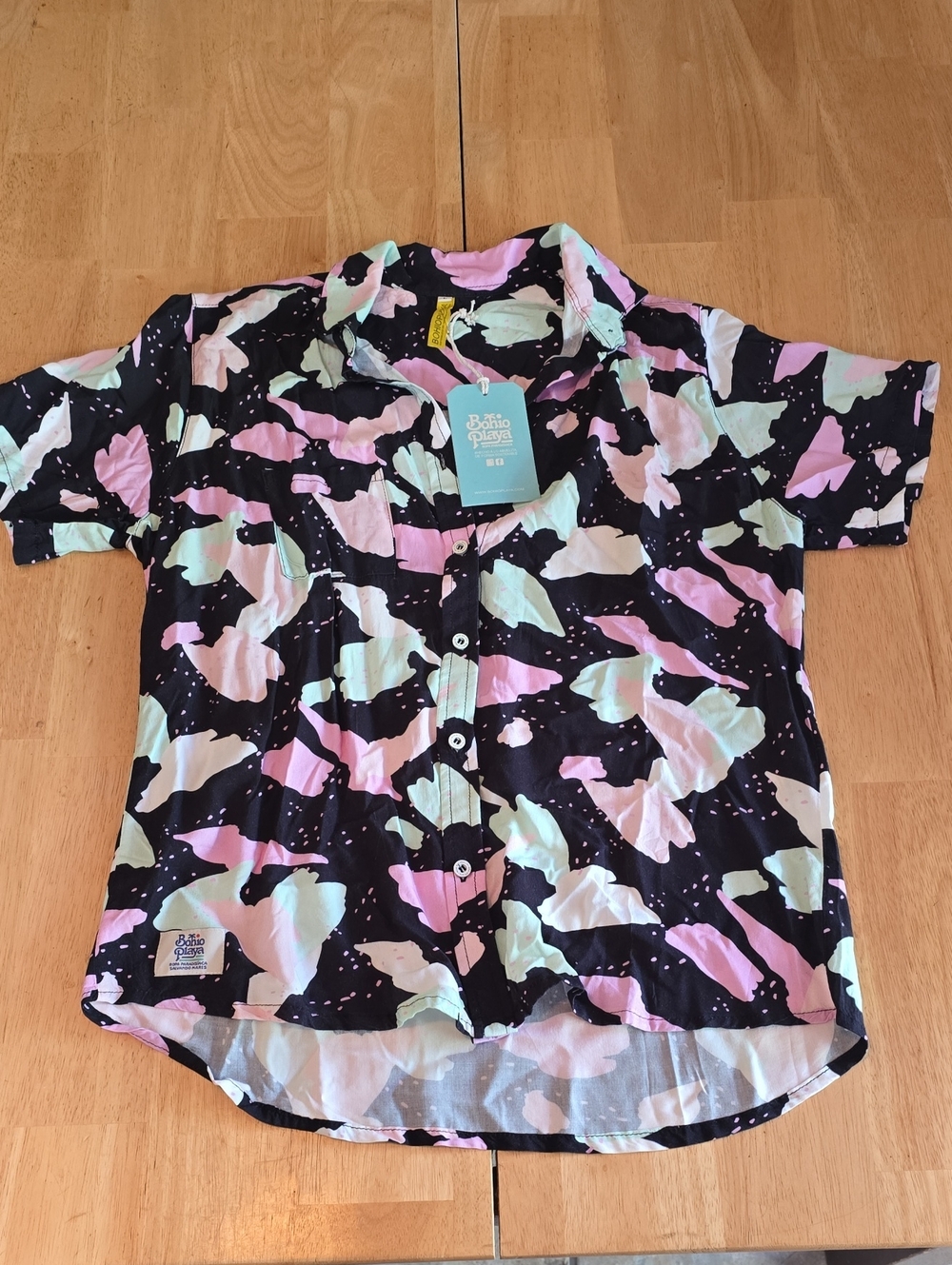 Black Short Sleeve Button-Down Shirt with Pastel Pink and Mint Print